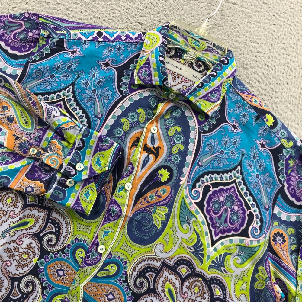 Etro Shirt Mens M Blue Green Purple Paisley Colorful Long Sleeve Button Up Italy